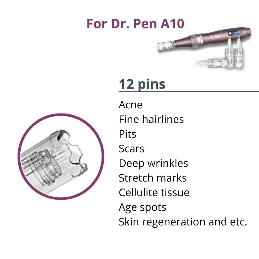 Dr. Pen A10 Cartridges - 10 Pack 12 Needles - Dr.Pen Authorized Distributor - Microneedling Pen