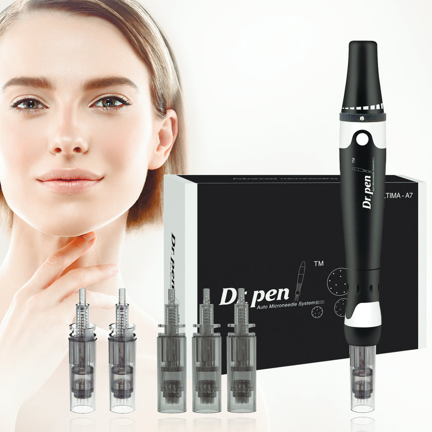Dr. Pen Ultima A7 Professional Kit - Authentic Multi-Function Electric Wired Beauty Pen - Skin Care Kit for Face and Body - 12pins x2 (0.25mm) + 36pins x3 (0.25mm) Cartridges