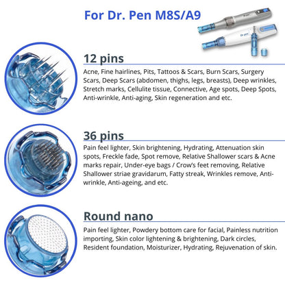 Dr. Pen Ultima A8S / M8S / A9 Replacement Cartridges - 20 Pack - Round Nano Pins Bayonet Slot - Authentic Dr Pen Disposable Replacement Parts